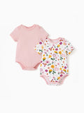 2-pack bamboo baby rompers, solid and printed, pink.