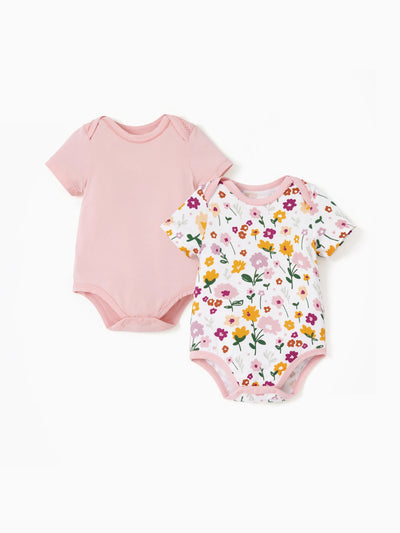 2-pack bamboo baby rompers, solid and printed, pink.