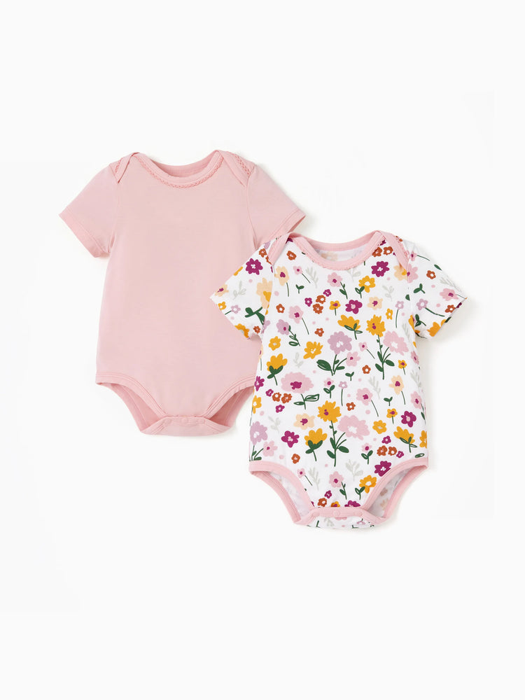 2-pack bamboo baby rompers, solid and printed, pink.