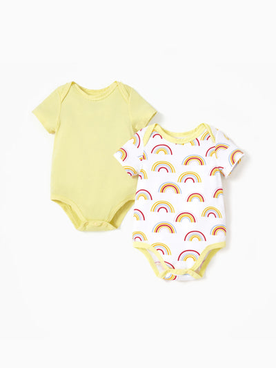 2-pack bamboo baby rompers, solid and printed, yellow.