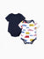 2-pack bamboo baby rompers, solid and printed, deep blue.