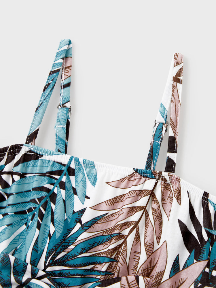 Tropical Leaf Matching Family Outfits Cotton Tank Top & Sleeveless Summer Dresses Set for Mom, Dad, Kids Vacation Beach Clothes Color block