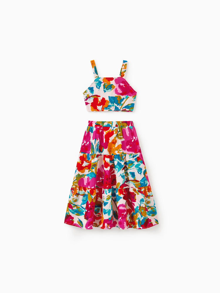 Colorful Mommy & me Outfits Sleeveless Strap Top and Skirt Co-ord Set & Shirt Sets Summer Vacation Clothe for Beach, Photoshoots, Travel Hot Pink