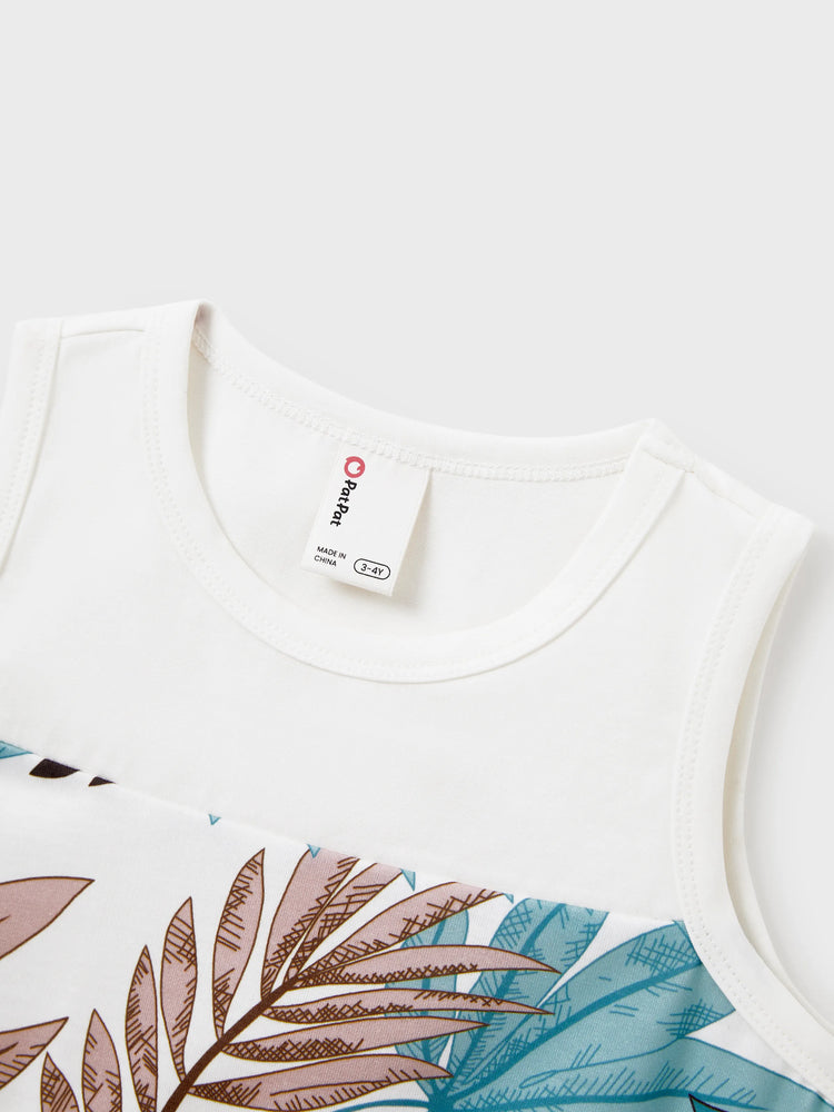 Tropical Leaf Matching Family Outfits Cotton Tank Top & Sleeveless Summer Dresses Set for Mom, Dad, Kids Vacation Beach Clothes Color block