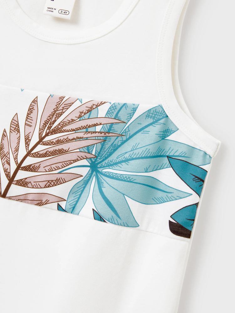 Tropical Leaf Matching Family Outfits Cotton Tank Top & Sleeveless Summer Dresses Set for Mom, Dad, Kids Vacation Beach Clothes Color block