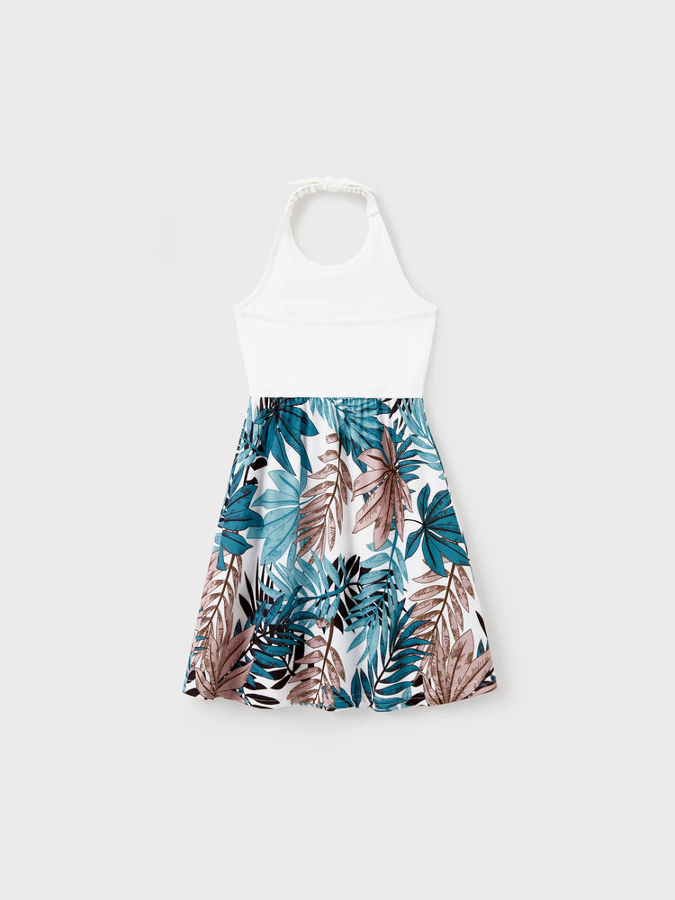 Tropical Leaf Matching Family Outfits Cotton Tank Top & Sleeveless Summer Dresses Set for Mom, Dad, Kids Vacation Beach Clothes Color block