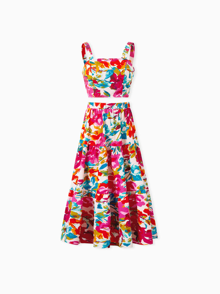 Colorful Family Matching Outfits sSleeveless Strap Top and Skirt Co-ord Set & Shirt Sets Summer Vacation Clothe for Beach, Photoshoots, Travel Hot Pink