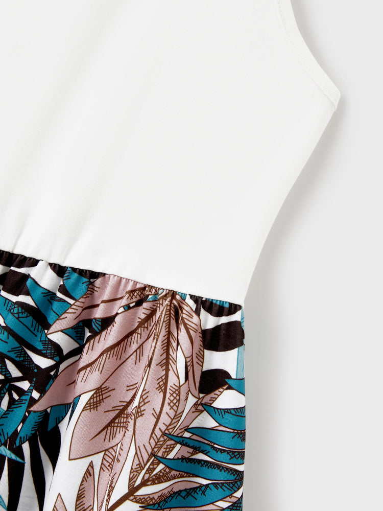 Tropical Leaf Matching Family Outfits Cotton Tank Top & Sleeveless Summer Dresses Set for Mom, Dad, Kids Vacation Beach Clothes Color block