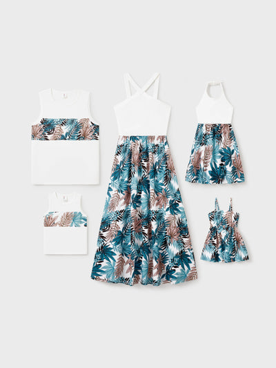 Tropical Leaf Matching Family Outfits Cotton Tank Top & Sleeveless Summer Dresses Set for Mom, Dad, Kids Vacation Beach Clothes Color block