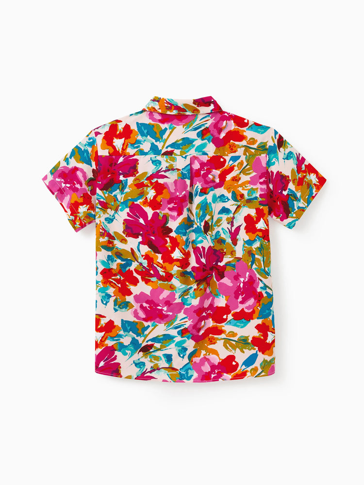 Daddy & Son Colorful Outfits Shirt Sets Summer Vacation Clothe for Beach, Photoshoots, Travel Hot Pink