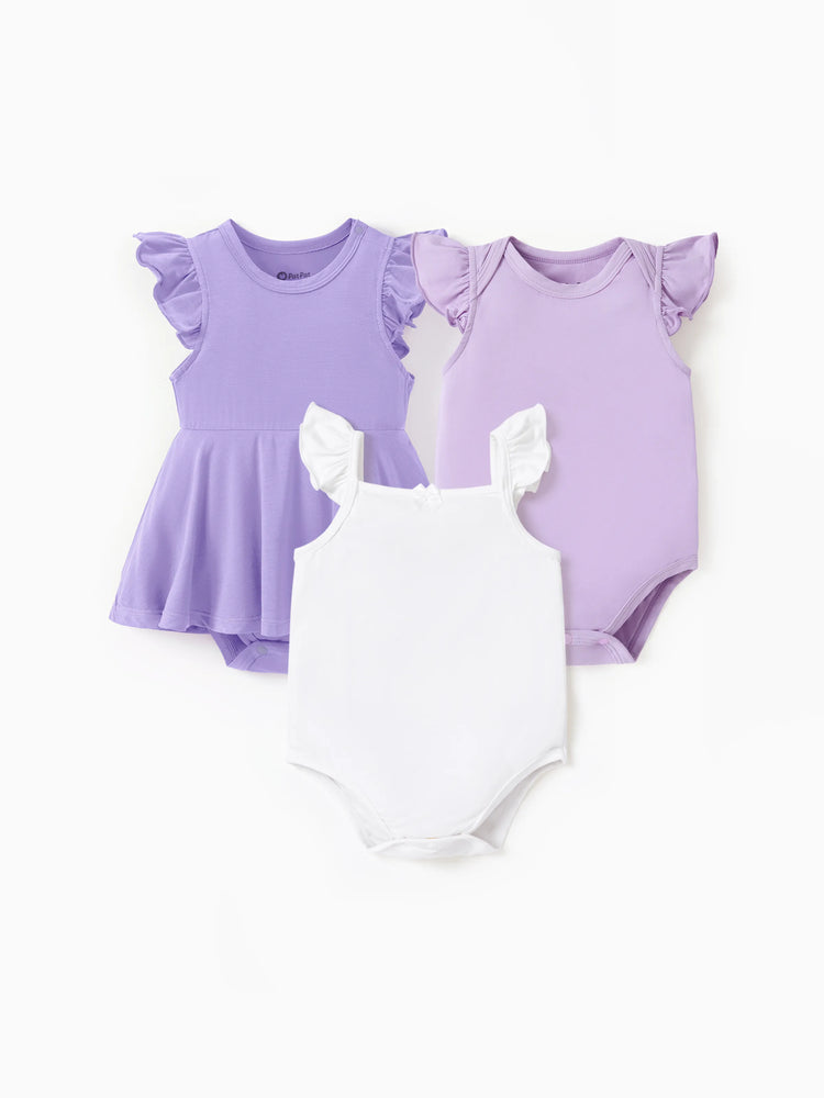 3-piece bamboo baby girl romper set, solid color, purple.