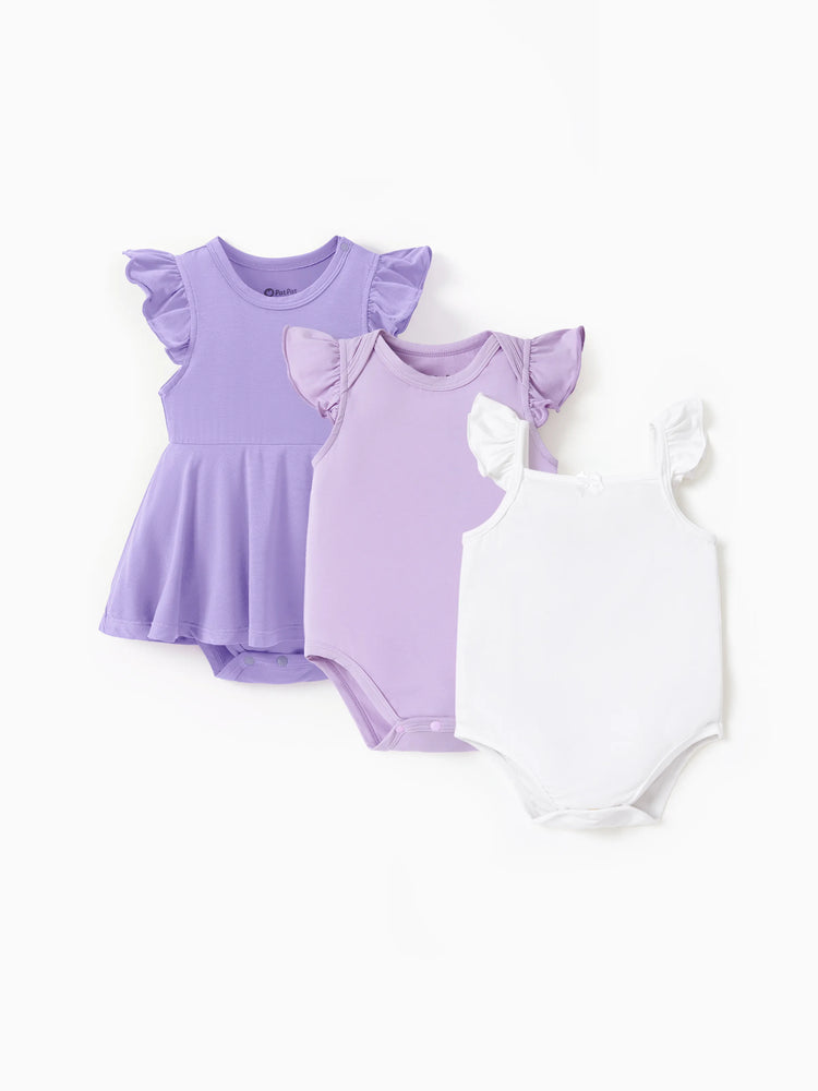 Ensemble 3 pièces barboteuses en bambou pour bébé fille, couleur unie, violet