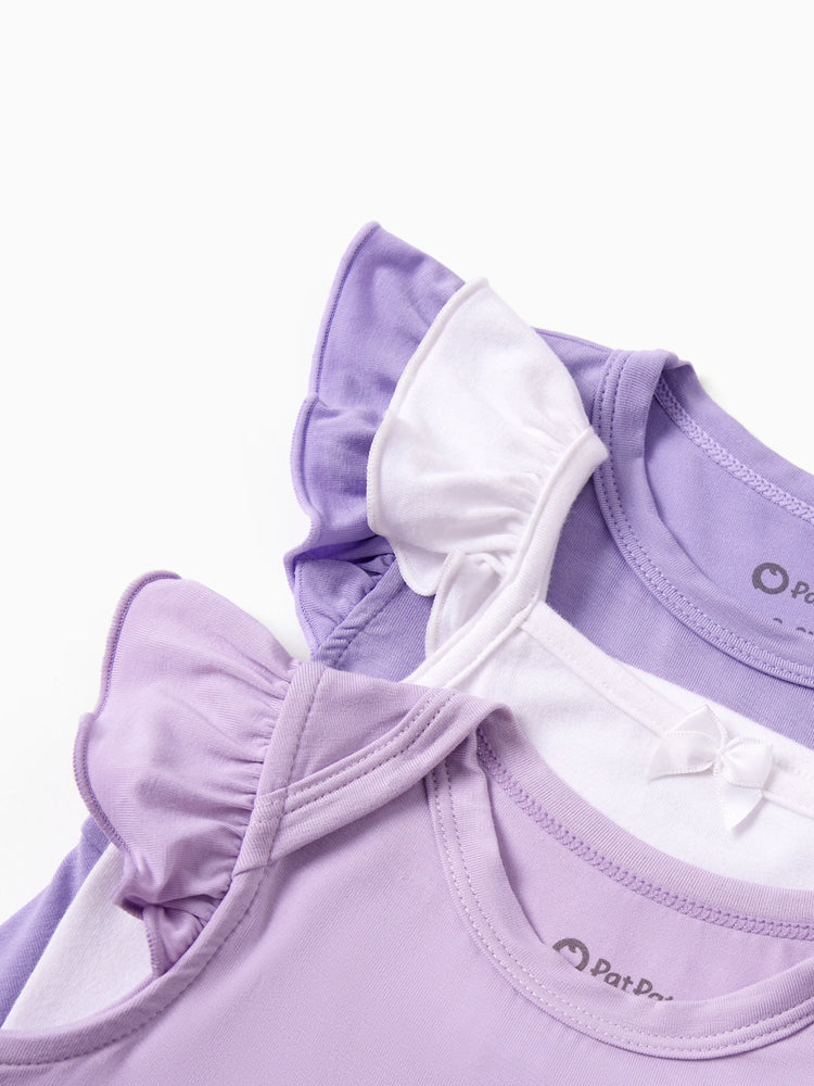 Ensemble 3 pièces barboteuses en bambou pour bébé fille, couleur unie, violet