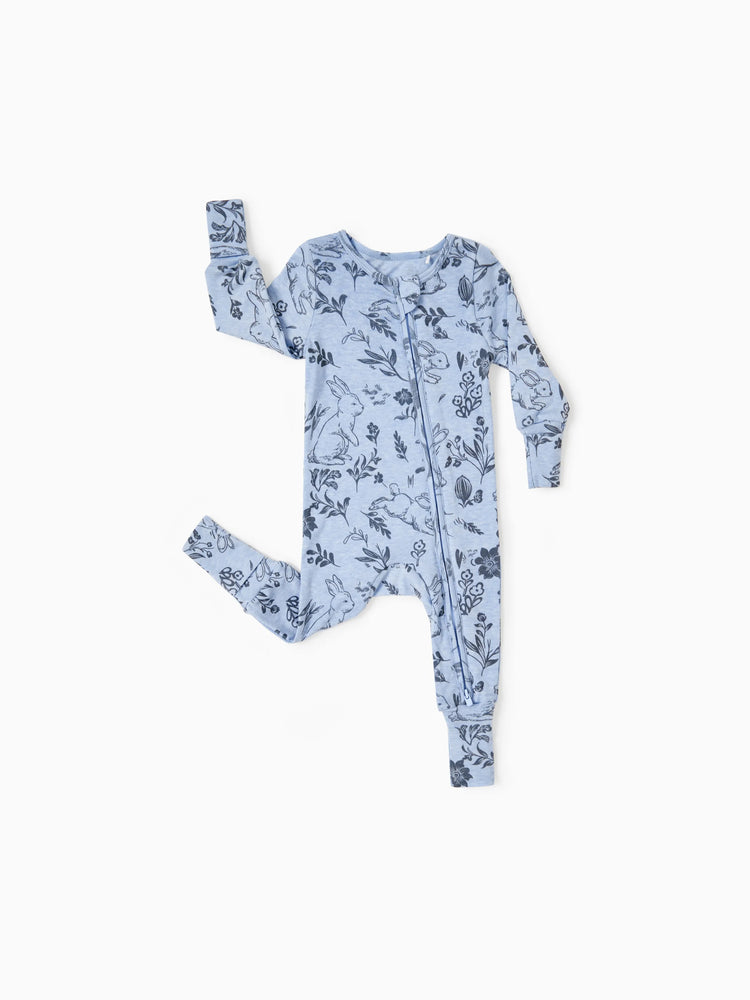 Baby Boy/Girl Plant Print Zip-up Snug-Fitting Wool Pajamas Light Blue