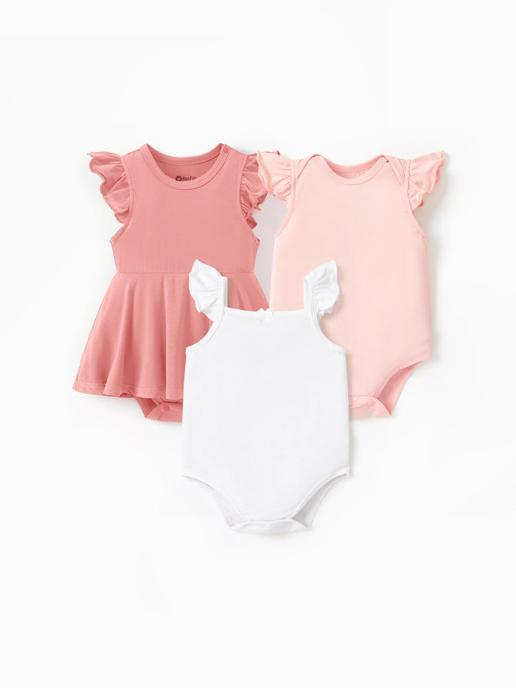 3-piece bamboo baby girl romper set, solid color, pink.