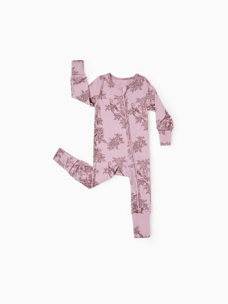 Pyjama bébé garçon/fille en laine à imprimé végétal, fermeture éclair, coupe ajustée, rose
