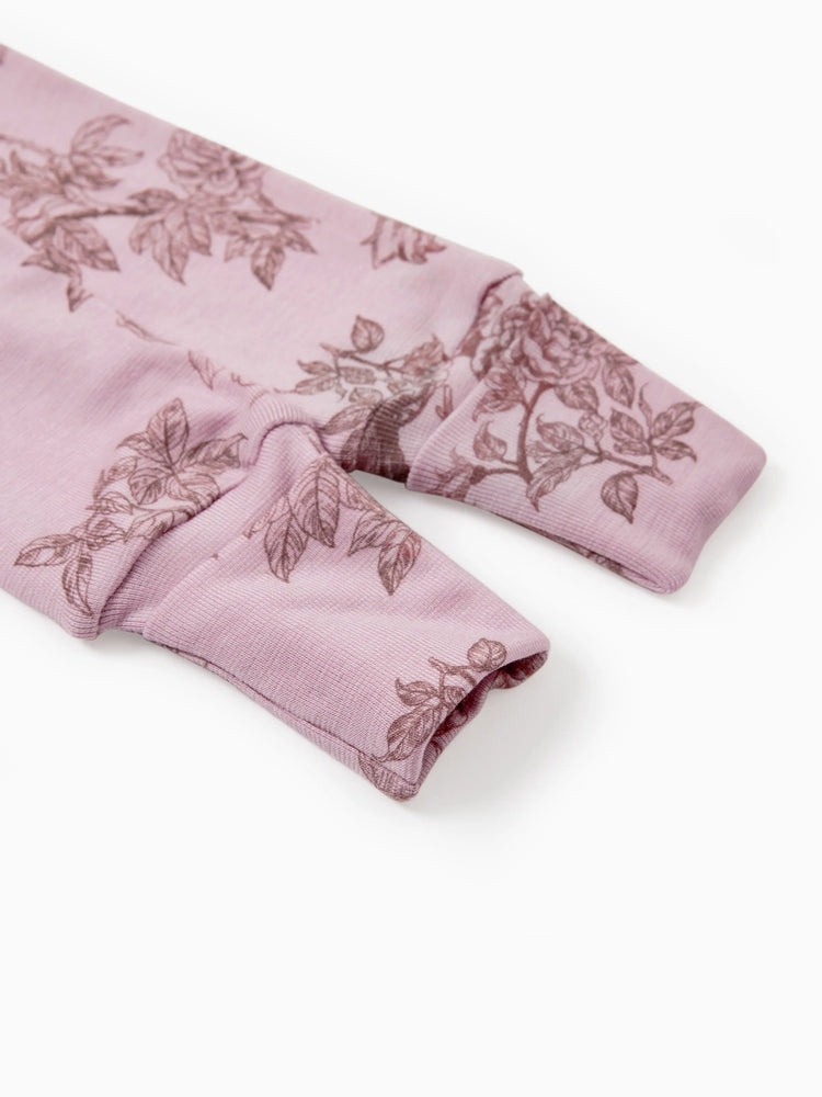 Pyjama bébé garçon/fille en laine à imprimé végétal, fermeture éclair, coupe ajustée, rose