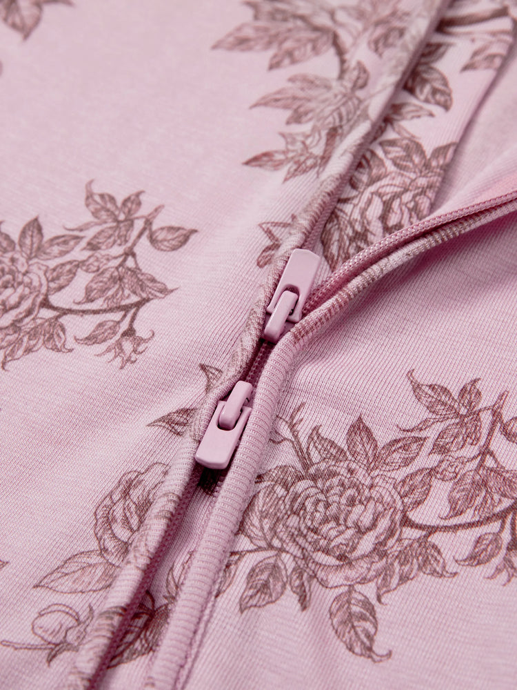 Pyjama bébé garçon/fille en laine à imprimé végétal, fermeture éclair, coupe ajustée, rose