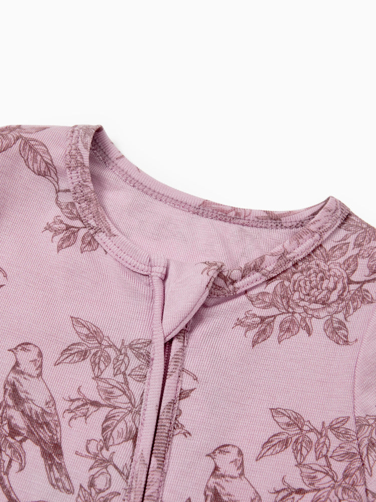 Pyjama bébé garçon/fille en laine à imprimé végétal, fermeture éclair, coupe ajustée, rose