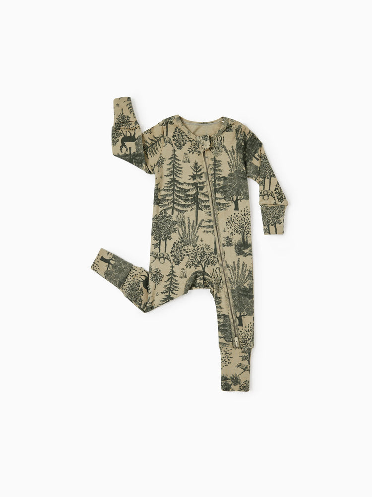 Pyjama bébé garçon/fille en laine à imprimé végétal, fermeture éclair, coupe ajustée, vert