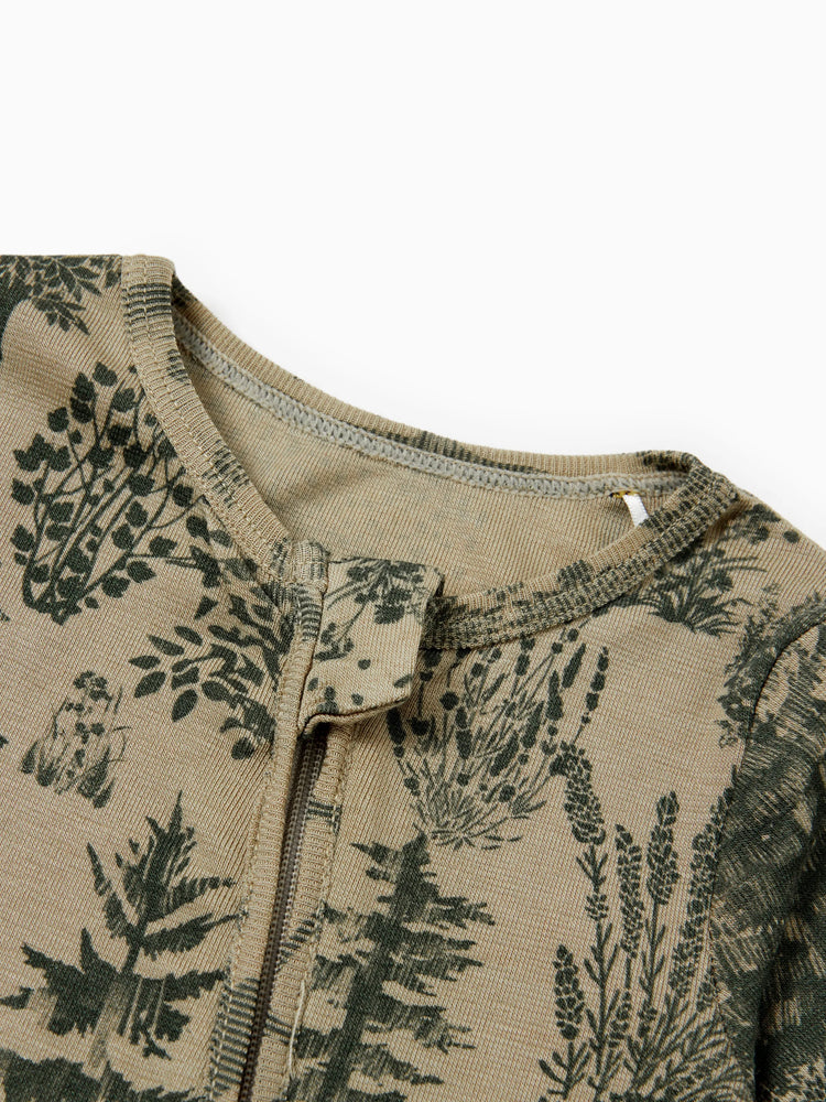 Pyjama bébé garçon/fille en laine à imprimé végétal, fermeture éclair, coupe ajustée, vert