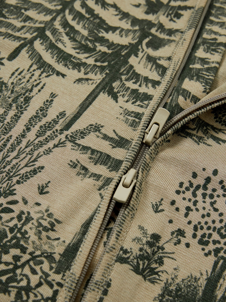 Pyjama bébé garçon/fille en laine à imprimé végétal, fermeture éclair, coupe ajustée, vert