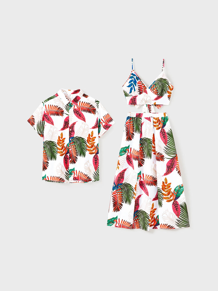 Family Matching Couple Outfits Tropical Leaf Print Tie?Front Camisole Top & Skirt or Short?Sleeve Hawaiian Shirt Beachwear Set Multi-color