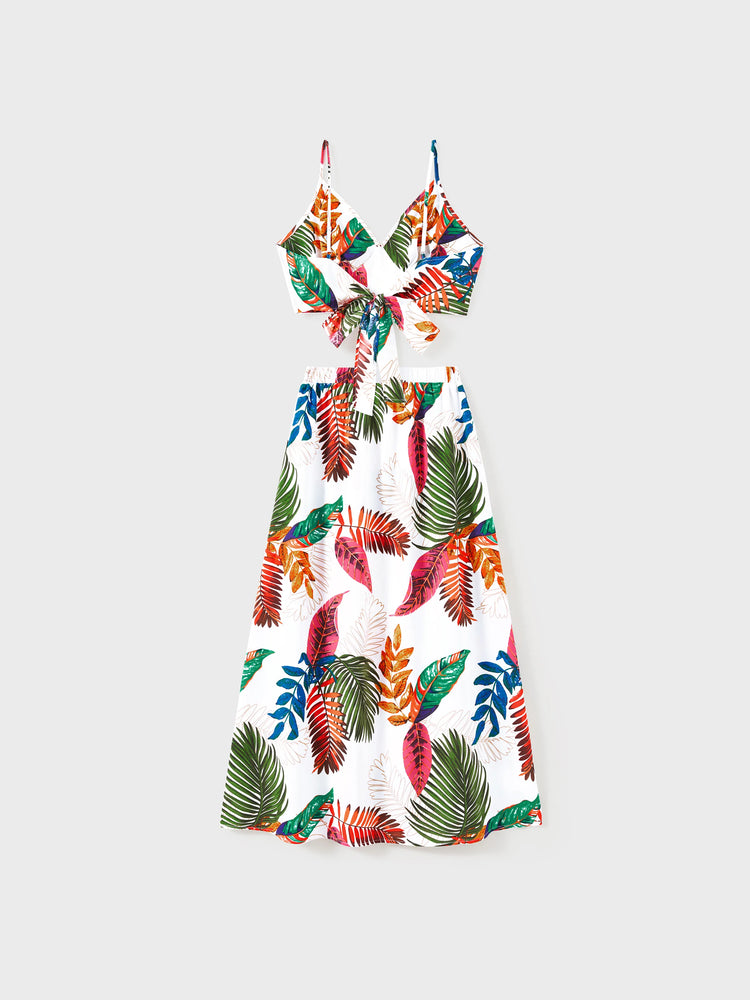 Family Matching Couple Outfits Tropical Leaf Print Tie?Front Camisole Top & Skirt or Short?Sleeve Hawaiian Shirt Beachwear Set Multi-color