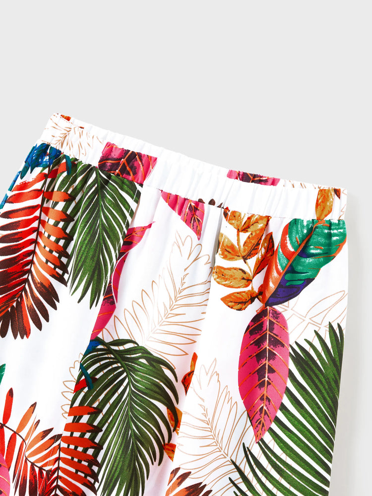 Family Matching Couple Outfits Tropical Leaf Print Tie?Front Camisole Top & Skirt or Short?Sleeve Hawaiian Shirt Beachwear Set Multi-color