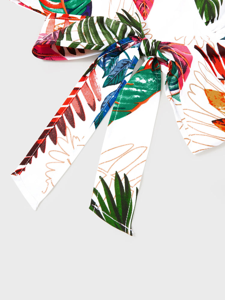 Family Matching Couple Outfits Tropical Leaf Print Tie?Front Camisole Top & Skirt or Short?Sleeve Hawaiian Shirt Beachwear Set Multi-color