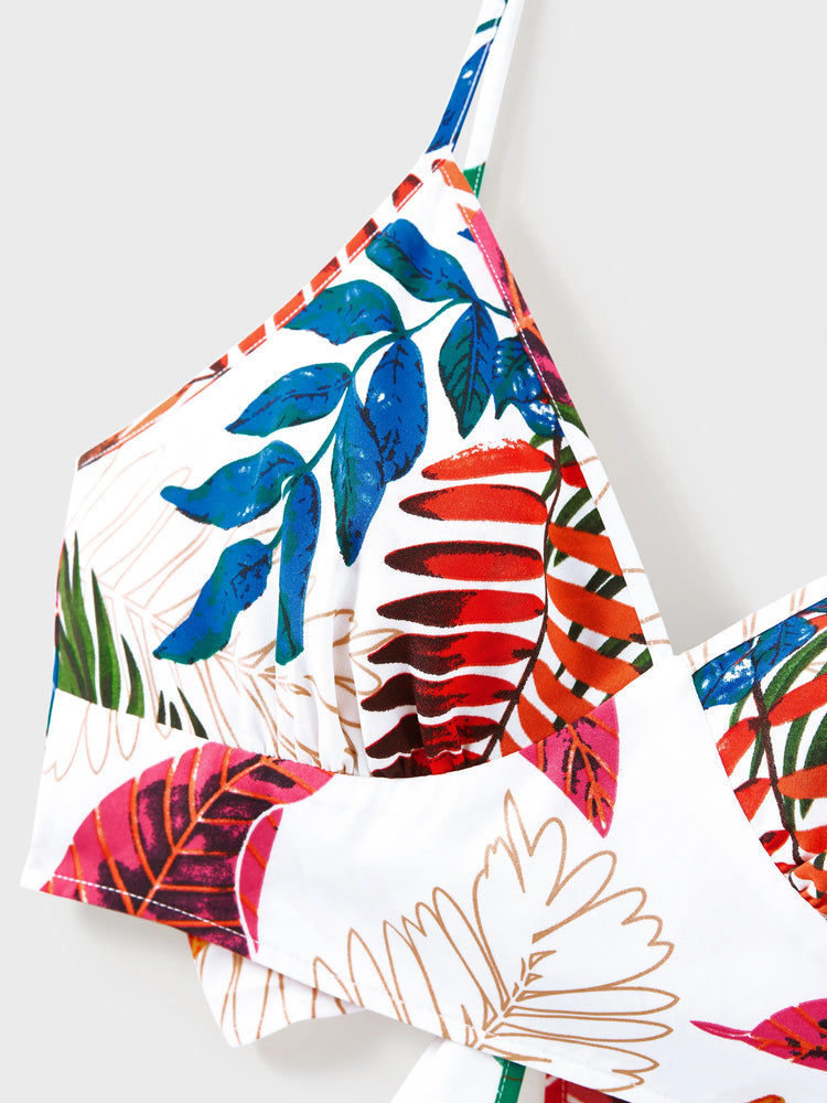 Family Matching Couple Outfits Tropical Leaf Print Tie?Front Camisole Top & Skirt or Short?Sleeve Hawaiian Shirt Beachwear Set Multi-color