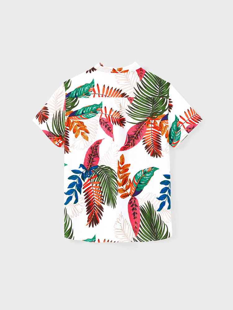 Family Matching Couple Outfits Tropical Leaf Print Tie?Front Camisole Top & Skirt or Short?Sleeve Hawaiian Shirt Beachwear Set Multi-color