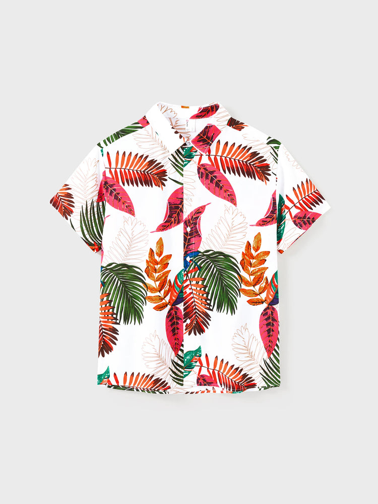 Family Matching Couple Outfits Tropical Leaf Print Tie?Front Camisole Top & Skirt or Short?Sleeve Hawaiian Shirt Beachwear Set Multi-color