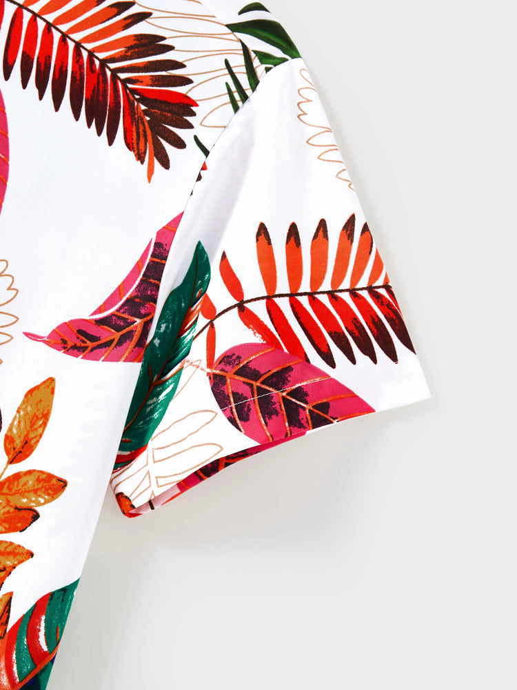 Family Matching Couple Outfits Tropical Leaf Print Tie?Front Camisole Top & Skirt or Short?Sleeve Hawaiian Shirt Beachwear Set Multi-color