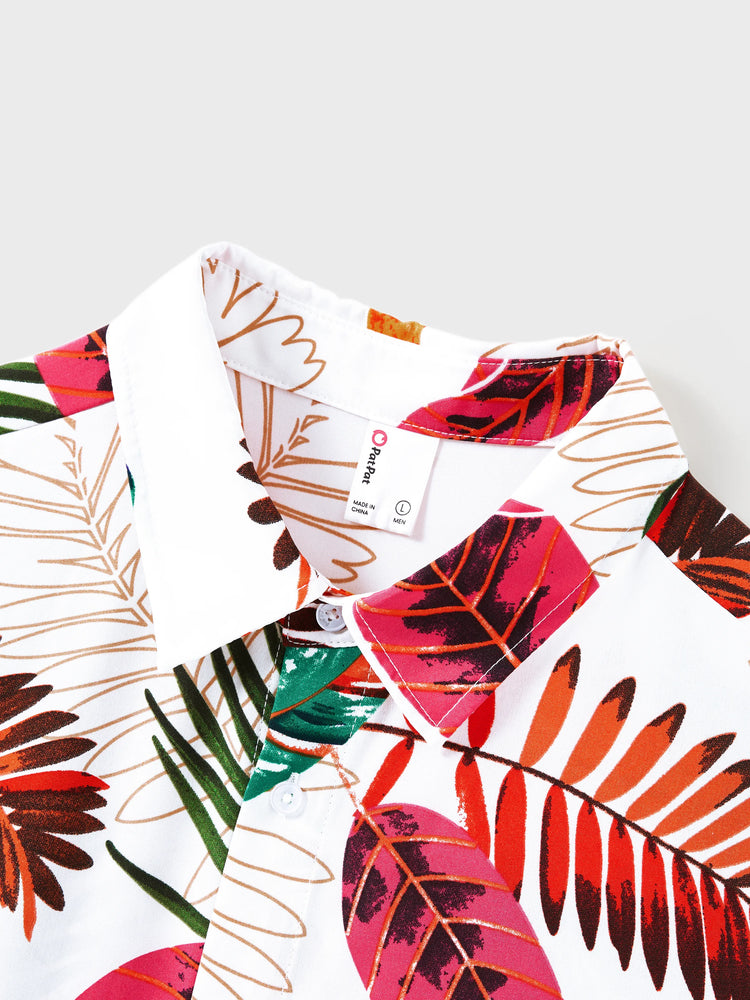 Family Matching Couple Outfits Tropical Leaf Print Tie?Front Camisole Top & Skirt or Short?Sleeve Hawaiian Shirt Beachwear Set Multi-color