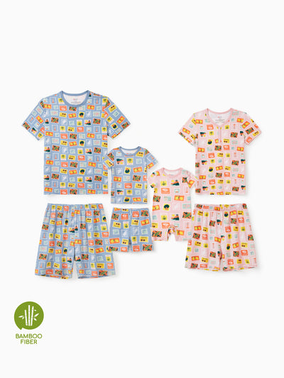 Pijama familiar de bambú con estampado de vacaciones, manga corta, a juego (ajustado para niños), color block