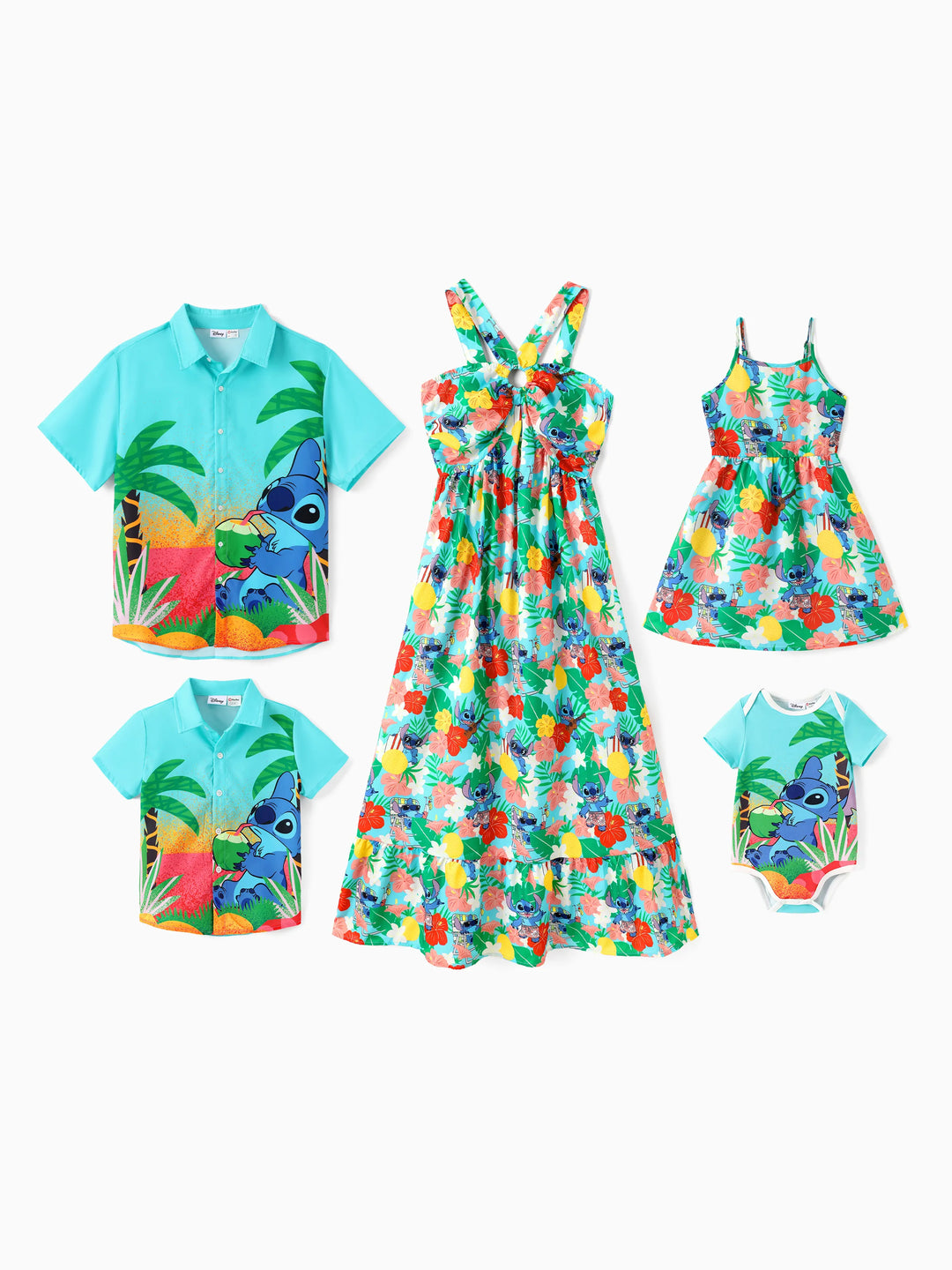 Disney Stitch Family passendes Kleid / Hemd mit tropischem Print grün