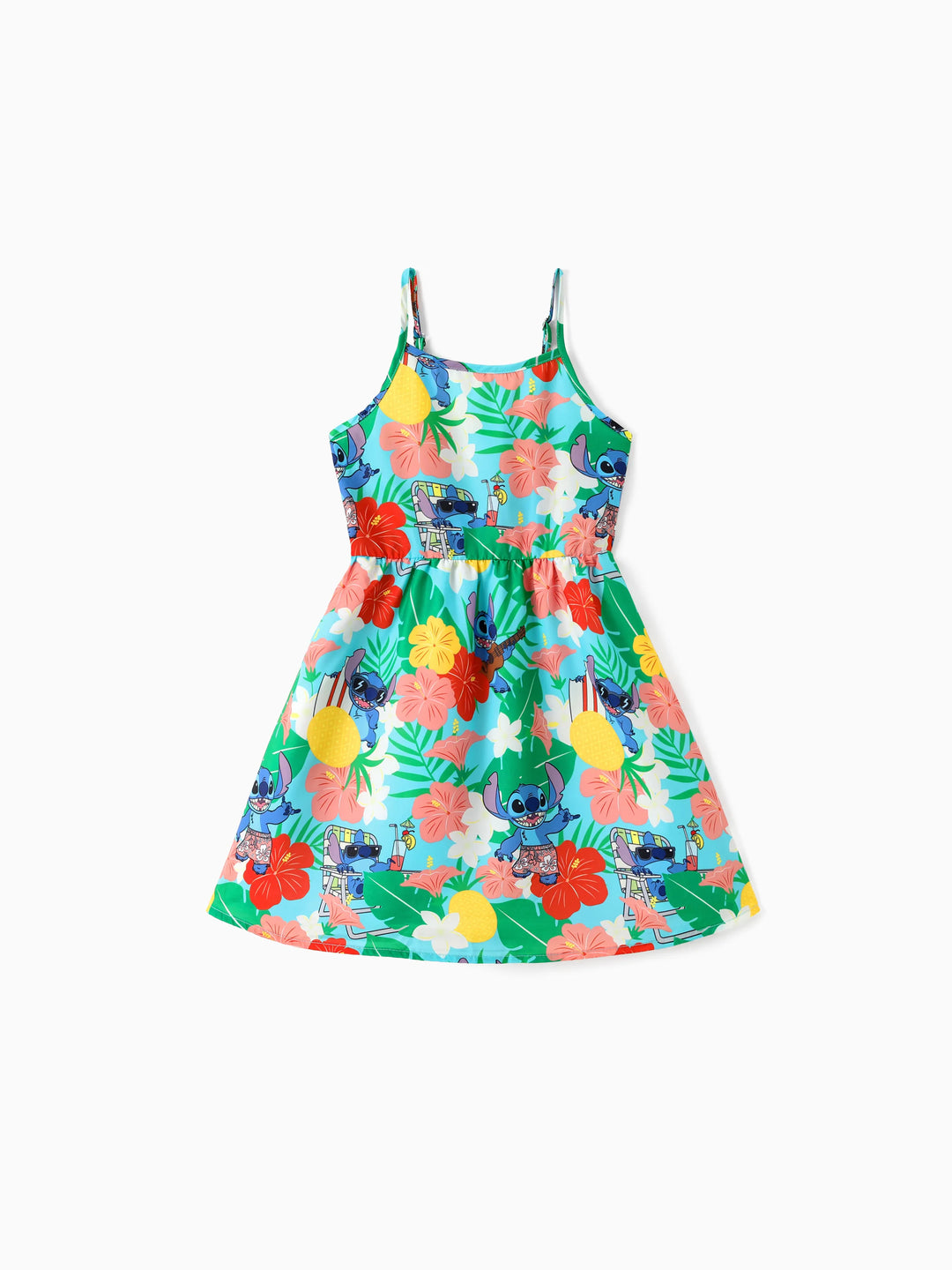 Disney Stitch Family passendes Kleid / Hemd mit tropischem Print grün