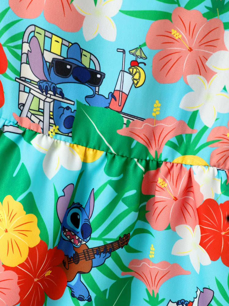 Disney Stitch Family passendes Kleid / Hemd mit tropischem Print grün
