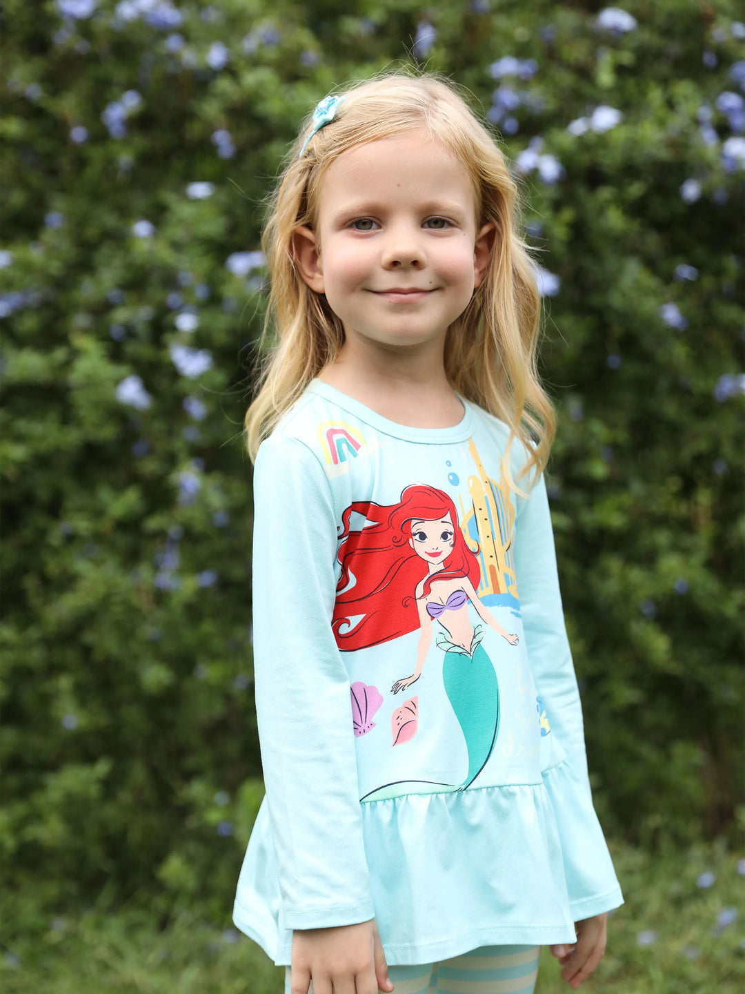 Ensemble 2 pièces Disney Princess pour petite fille, t-shirt à basque imprimé Ariel et pantalon à rayures, bleu menthe