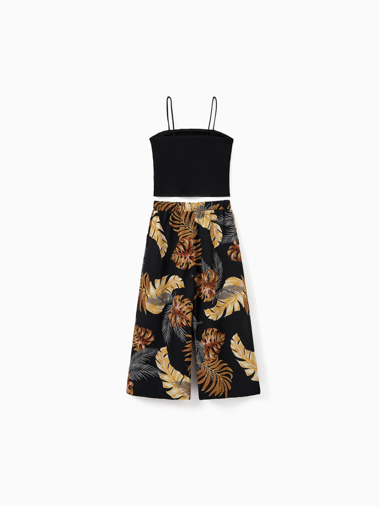 Mommy & me Floral Print Beach Wear Camisole top and Wide-Leg Pants Set for Summer Vacation Family Looks Black+White