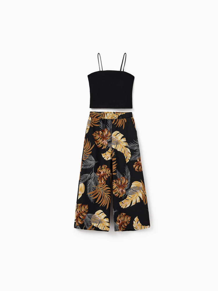 Mommy & me Floral Print Beach Wear Camisole top and Wide-Leg Pants Set for Summer Vacation Family Looks Black+White