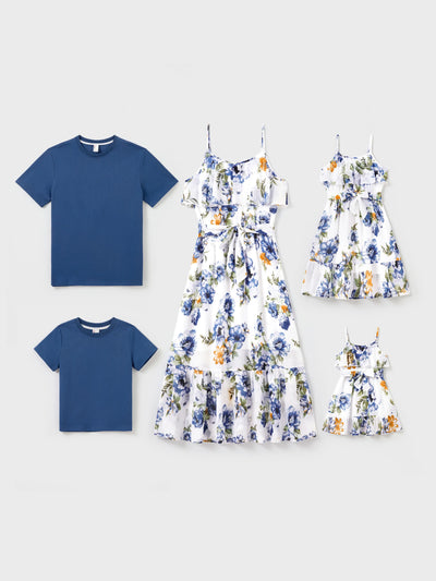 Matching Family Outfits Blue Cotton T-Shirts or Floral Print Ruffle Strap Belted Dress Summer Family Look Set for Beach, Travel, and Photos Blue