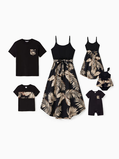 Ensembles assortis pour toute la famille : robes à imprimé floral avec ceinture et hauts à manches courtes unis noirs