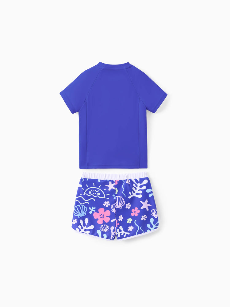 Maillot de bain 2 pièces Disney Stitch pour fille, haut à manches courtes et short à imprimé floral tropical, protection UPF 50+, violet