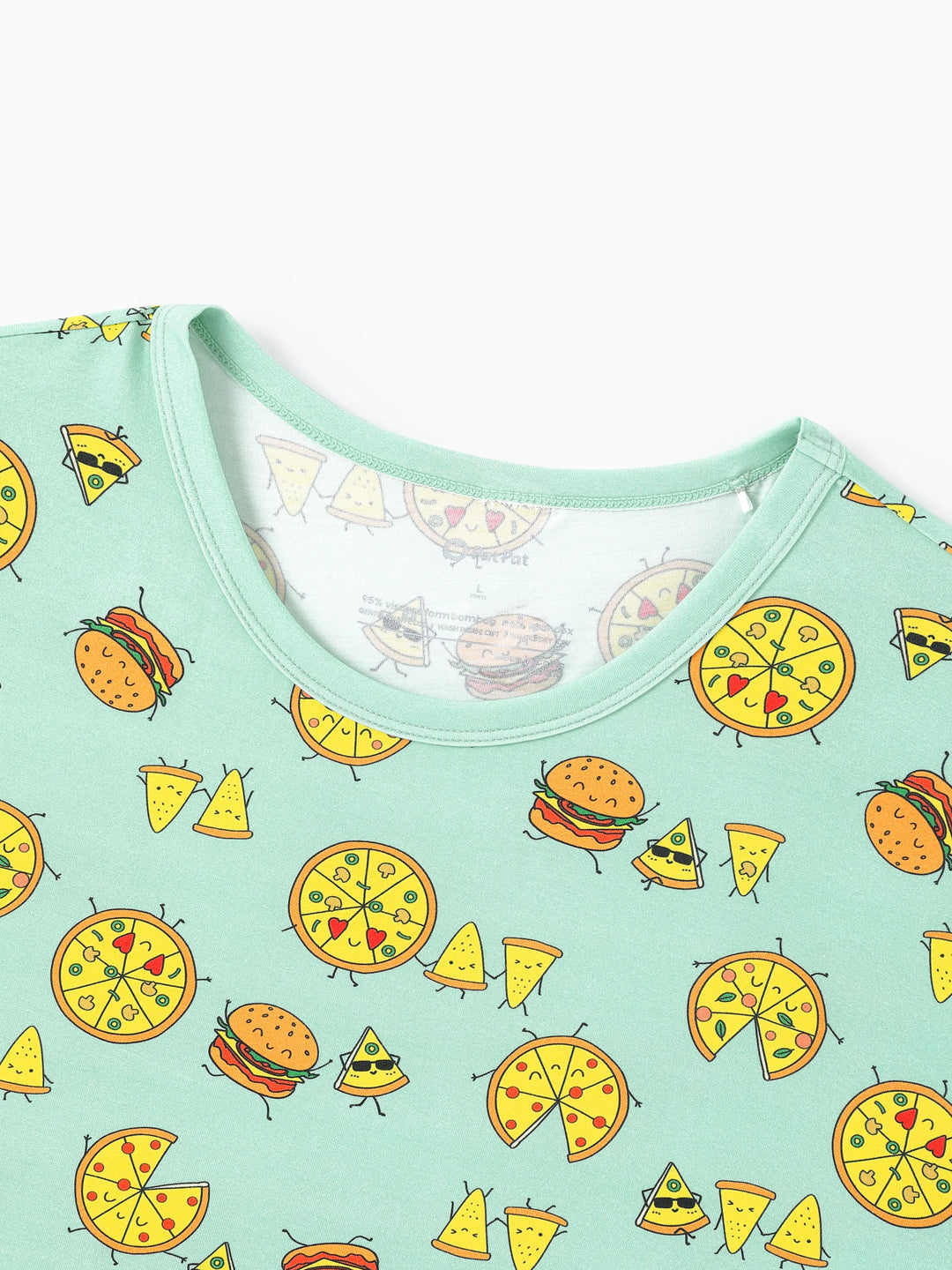 Pijama familiar de bambú verde menta con estampado de dibujos animados de comida, manga corta y pantalones largos, conjunto de pijama a juego (ajuste ceñido para niños), azul claro