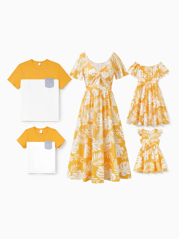 Robe fluide ou chemises à manches courtes bicolores assorties pour toute la famille, imprimé feuilles, jaune