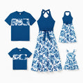 Family Matching Outfits Blue Floral Summer Clothes Halter Dress, or Colorblock T-Shirt Coordinated Look for Beach, Vacation, Photoshoot Turquoise