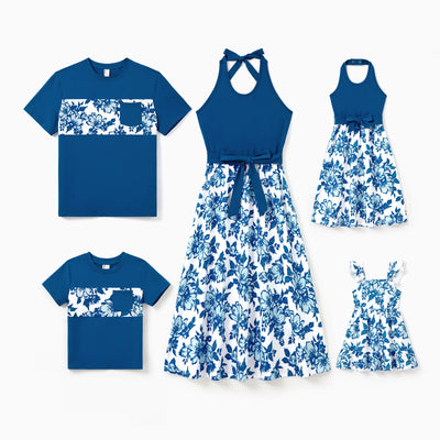 Family Matching Outfits Blue Floral Summer Clothes Halter Dress, or Colorblock T-Shirt Coordinated Look for Beach, Vacation, Photoshoot Turquoise
