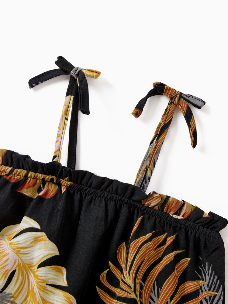 Mommy & me Floral Print Beach Wear Camisole top and Wide-Leg Pants Set for Summer Vacation Family Looks Black+White